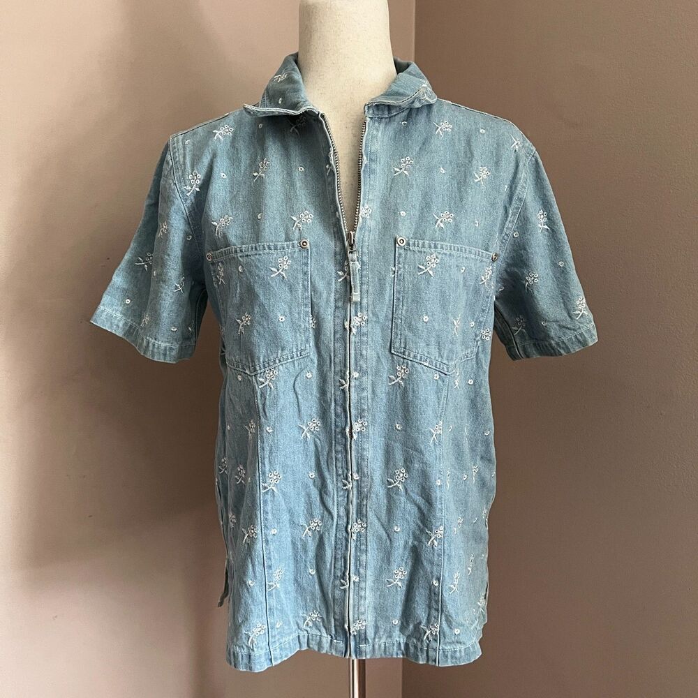 Cottagecore Embroidered Floral Top Denim & Co Chambray Button Front Farmhouse‎ S